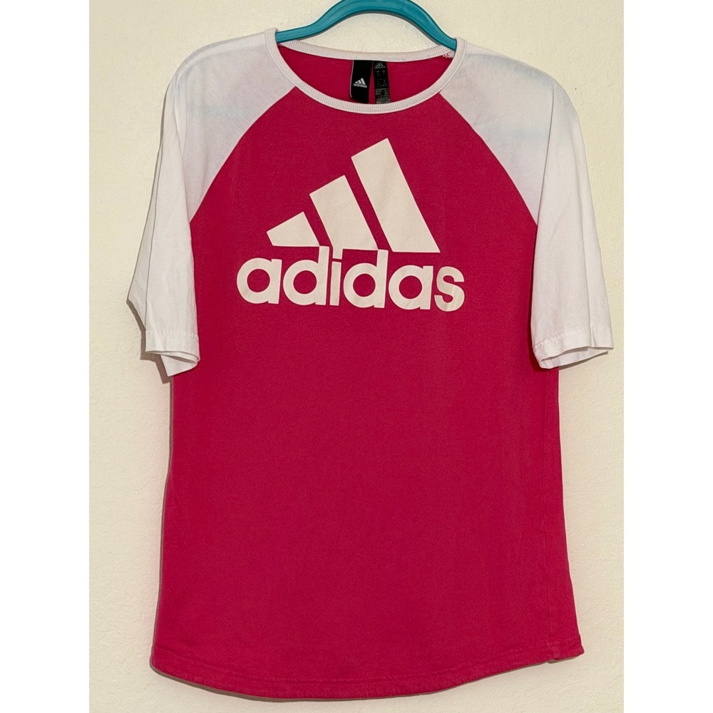 Adidas Womens Pink White Raglan Logo T-Shirt Medium CZ5672
